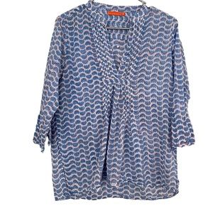 Oliphant Blue and White Patterned Tie-Neck Tunic